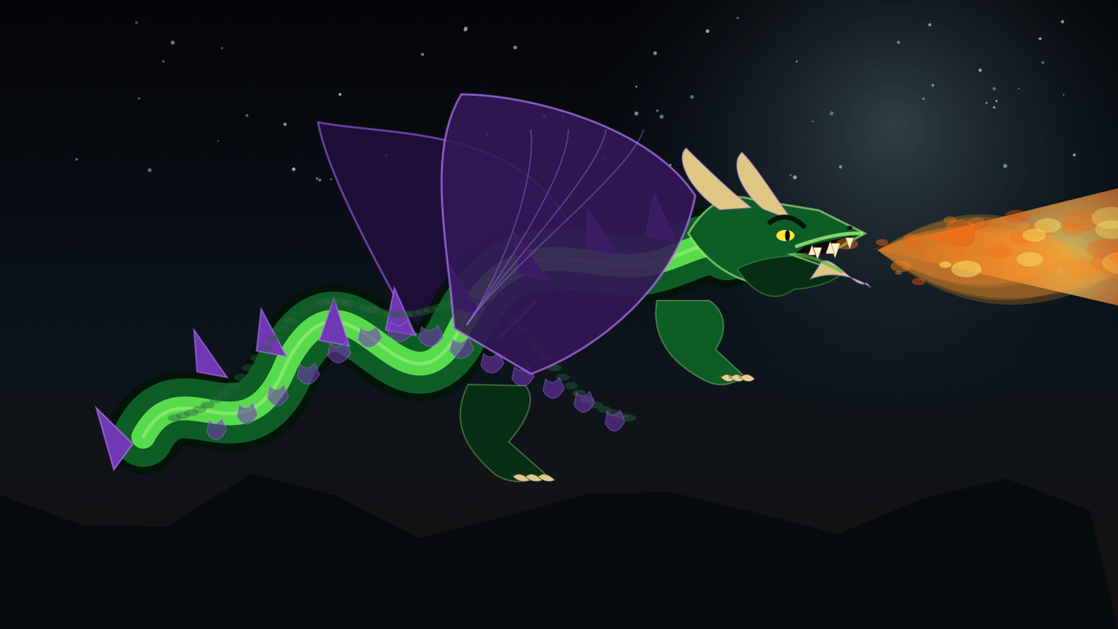 An animated dragon breathing particle fire, Apple Core Graphics render
