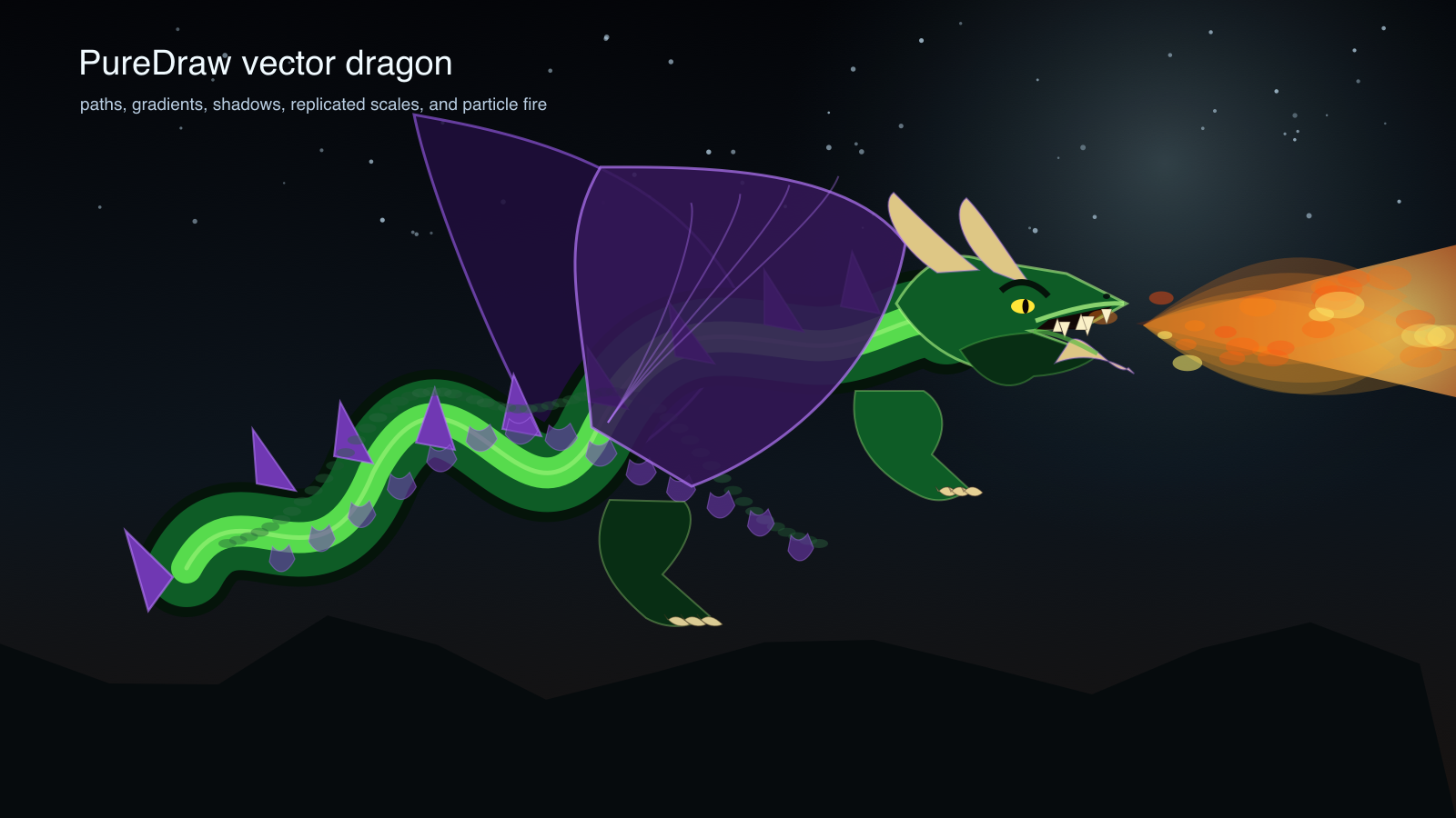 A vector dragon breathing particle fire, Apple Core Graphics render